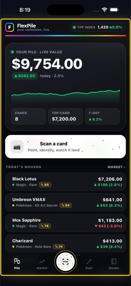 A collector's pile of scanned cards with live values